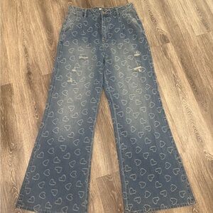 Easel Blue Heart-Patterned Wide Leg Jeans